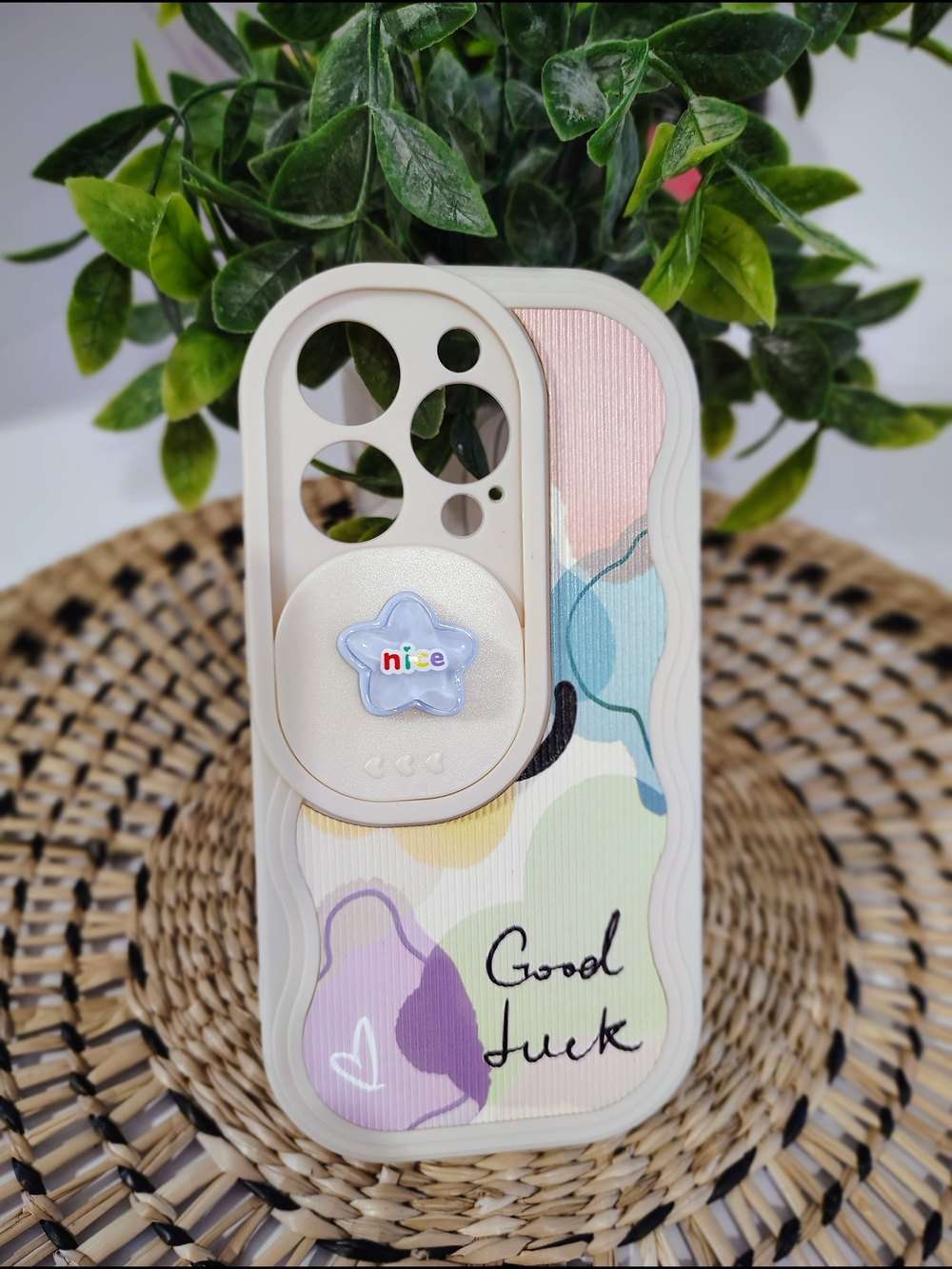 Slim Protective IPhone 15 Pro Case with Decorative Pop Socket - Beige & Pastel